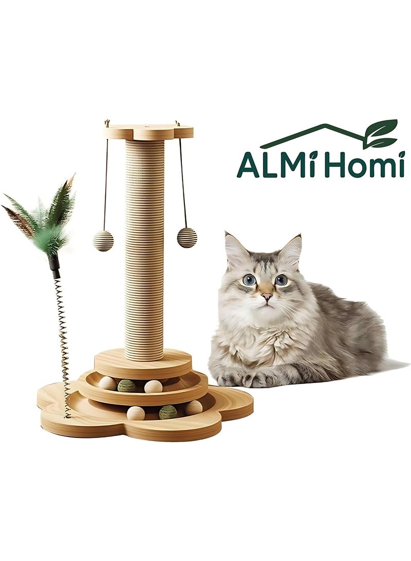 ALMiHomi 4-in-1 Wooden Cat Scratching Post with Sisal Rope, Interactive Ball Track & Feather Toy – Sturdy Indoor Cat Tree for Climbing, Scratching & Playtime – 50cm Tall - Image 1